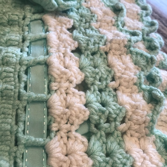 Mint Green Hand Crocheted Baby Blanket Ribbons Bows Crocheted Rosette - Picture 7 of 7